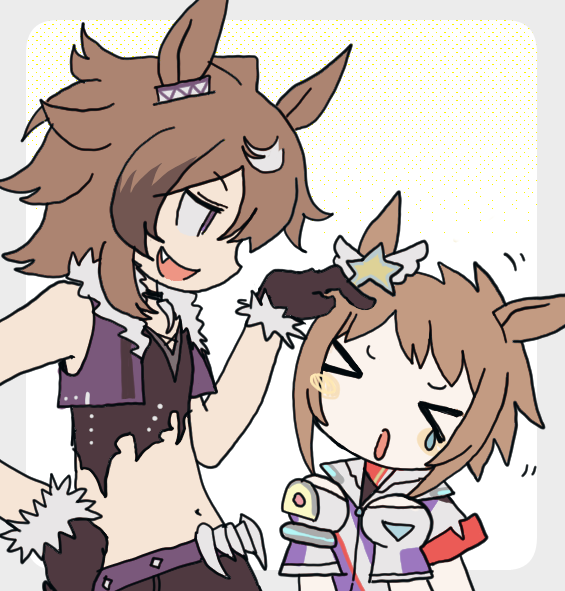 >_<, 2girls, ahoge, animal_ears, biko_pegasus_(gale_pegasus_type_zero)_(umamusume), biko_pegasus_(umamusume), brown_hair, ear_ornament, fang, fur-trimmed_gloves, fur-trimmed_jacket, fur_trim, gloves, hair_tuft, horse_ears, horse_girl, jacket, jewelry, multicolored_hair, multiple_girls, navel, necklace, open_mouth, poking, shinko_windy_(umamusume), shinko_windy_(wicked_punk)_(umamusume), shirt, shorts, simple_background, smug, superhero_costume, teardrop, teasing, tooth_necklace, torn_clothes, torn_shirt, umamusume, uuzzangohayo, violet_eyes