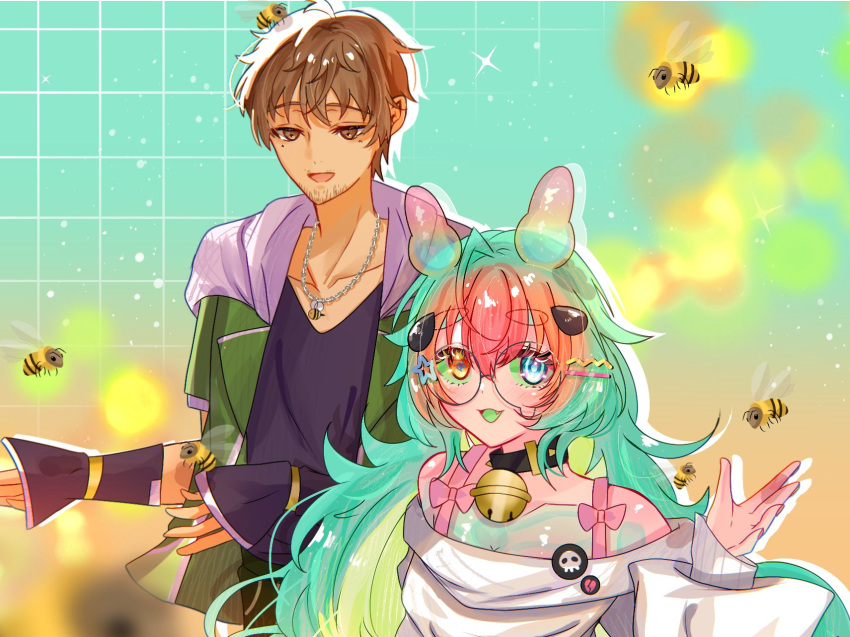bee, bell, brown_hair, bug, collar, eyelashes, fidgey, glasses