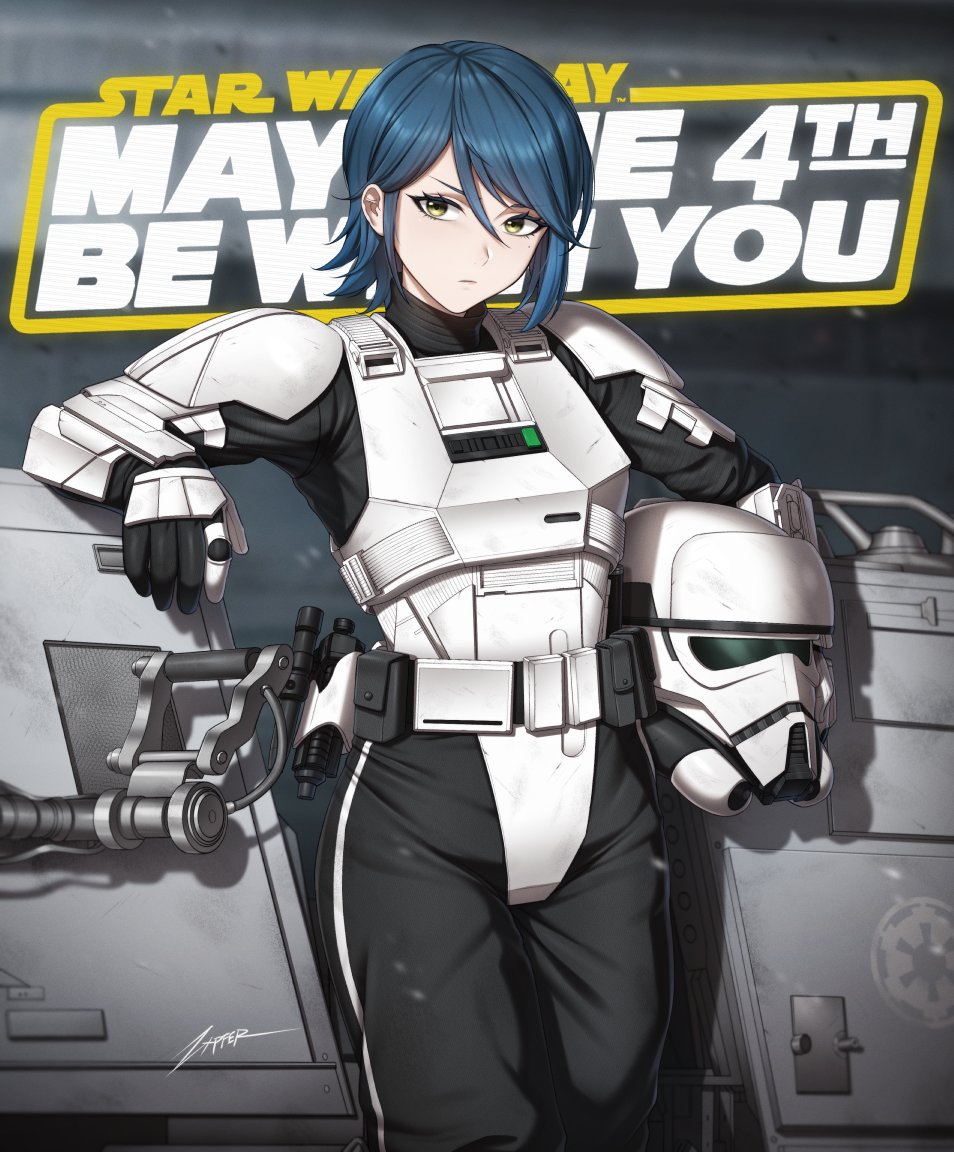 1girl, battle_armor, belt_pouch, blaster_(star_wars), blue_hair, helmet, holding, holding_unworn_helmet