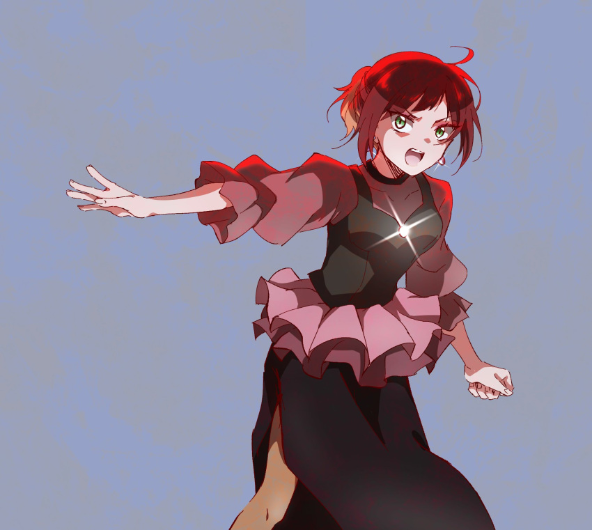 1girl, alternate_costume, black_bustier, black_dress, brooch, bustier, clenched_hand, commentary_request, digimon, digimon_beatbreak, dress, earrings, glint, green_eyes, highres, jewelry, multicolored_hair, official_alternate_costume, official_alternate_hairstyle, open_mouth, orange_hair, pantyhose, ponytail, puffy_short_sleeves, puffy_sleeves, red_hair, sakuya_reina, short_ponytail, short_sleeves, side_slit, simple_background, solo, two-tone_hair, ym205b