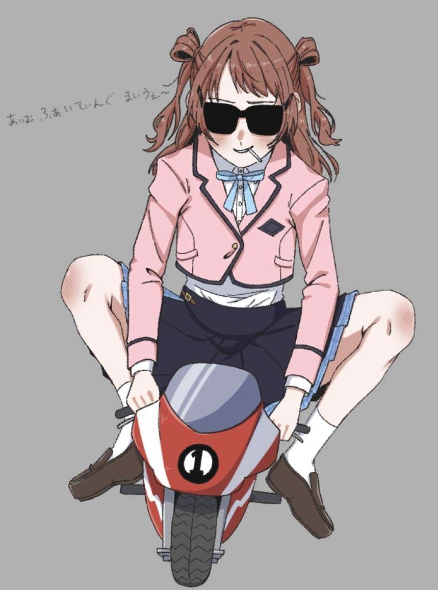 1girl, 5zymp, abunai_deka, black_skirt, blue_ribbon, blush, brown_hair, brown_shoes