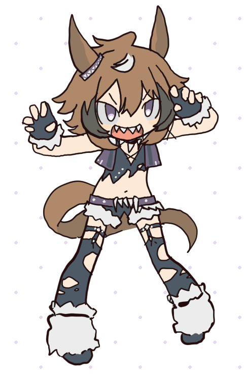 1girl, animal_ears, brown_hair, claw_pose, commentary_request, ear_ornament, fingerless_gloves, fur-trimmed_gloves