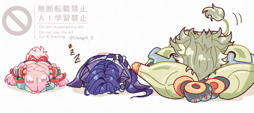 1boy, 2girls, animal_ear_piercing, animal_ears, banyue_(zenless_zone_zero), blue_cloak, blue_hair, cloak