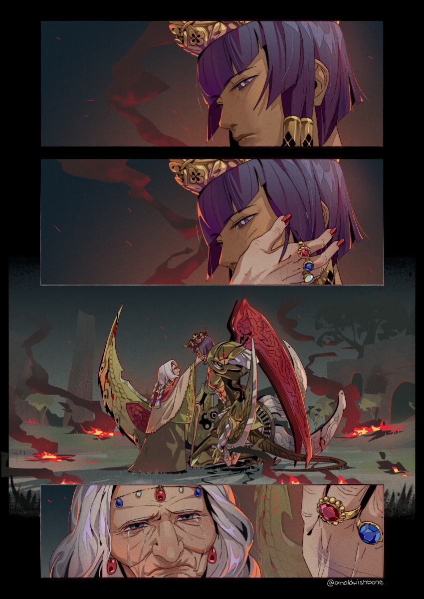 1boy, 1girl, absurdres, after_battle, android, anoldwishbone, bright_pupils, circlet
