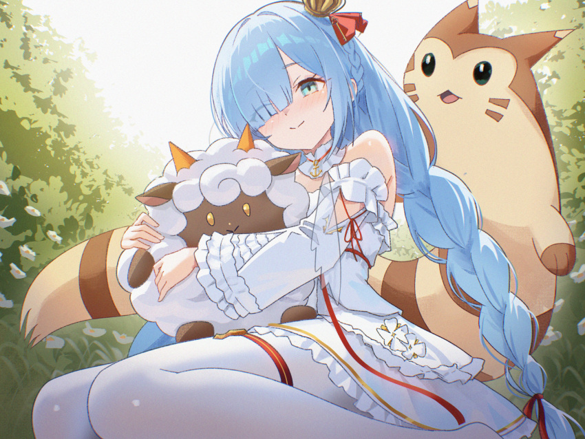 1girl, animal_hug, azur_lane, bare_shoulders, blue_hair, blush, braid, closed_mouth