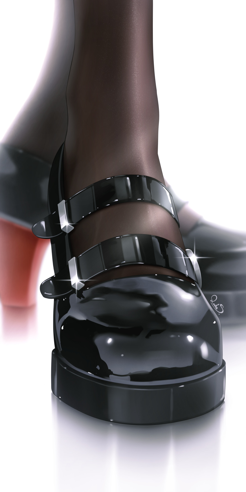 1girl, absurdres, black_pantyhose, black_shoes, commentary, ellen_joe, footwear_focus, high_heels