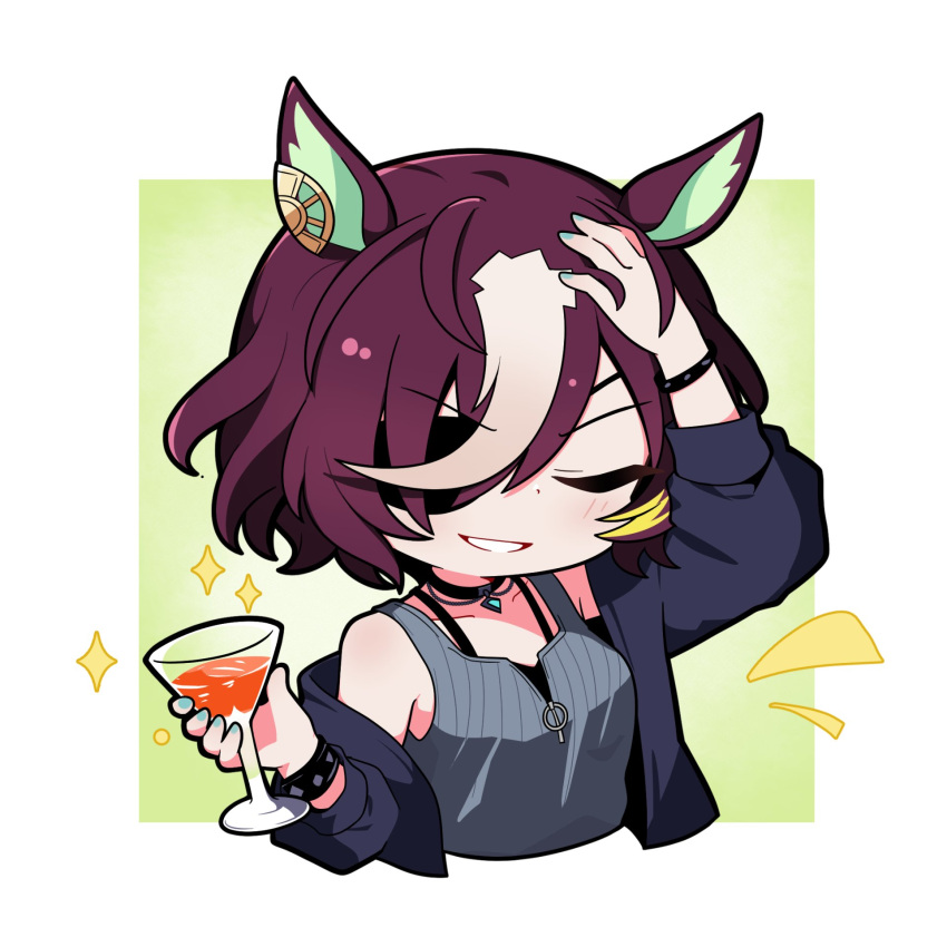1girl, animal_ears, black_jacket, blue_nails, blush, brown_hair, camisole, choker