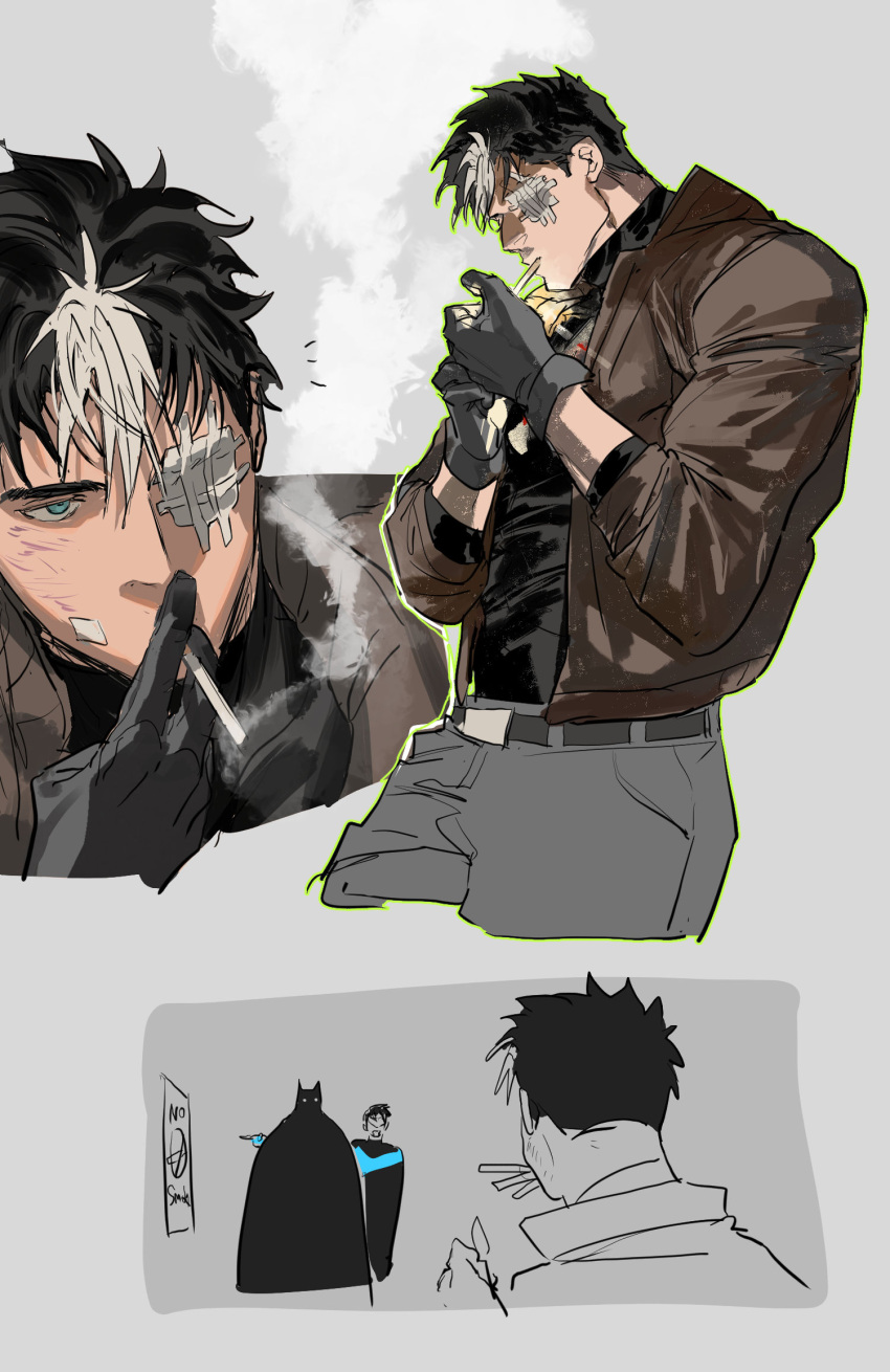 3boys, bandaid, bandaid_on_cheek, bandaid_on_face, batman, batman_(series), belt, black_gloves