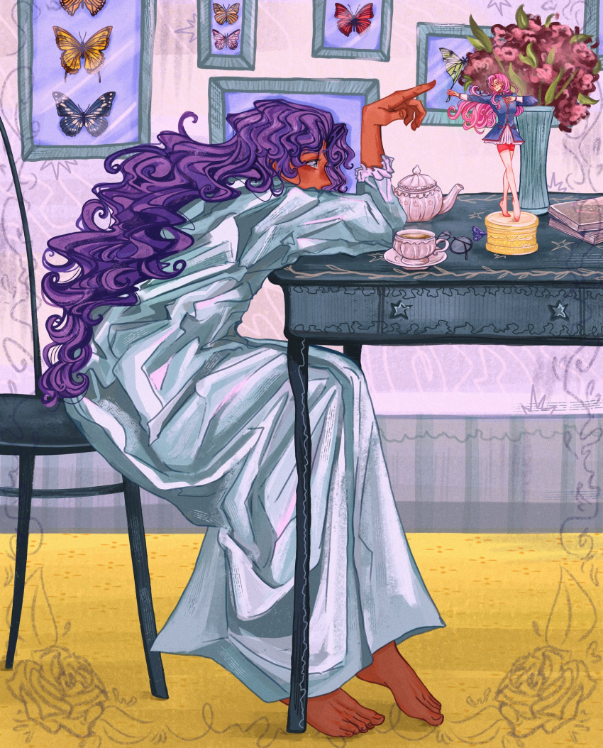 2girls, applepi1_e, barefoot, blue_butterfly, bug, butterfly, chair, commentary, cup, curly_hair, dark-skinned_female, dark_skin, glasses, highres, himemiya_anthy, multiple_girls, music_box, nightgown, on_chair, pink_butterfly, purple_hair, red_butterfly, shoujo_kakumei_utena, sitting, table, taxidermy, tea, teacup, teapot, tenjou_utena, unworn_eyewear, vase, yellow_butterfly