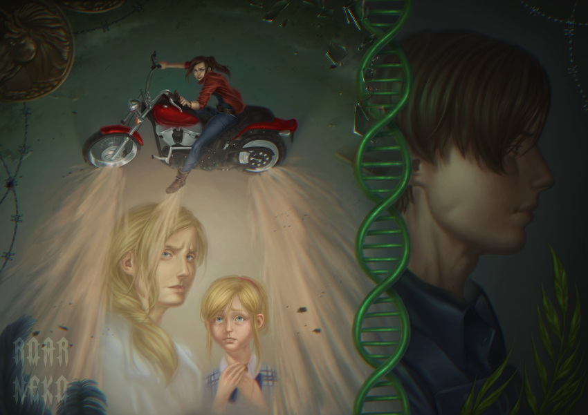 1boy, 3girls, akira_(manga), akira_slide, annette_birkin, blonde_hair, blue_eyes, blue_shirt