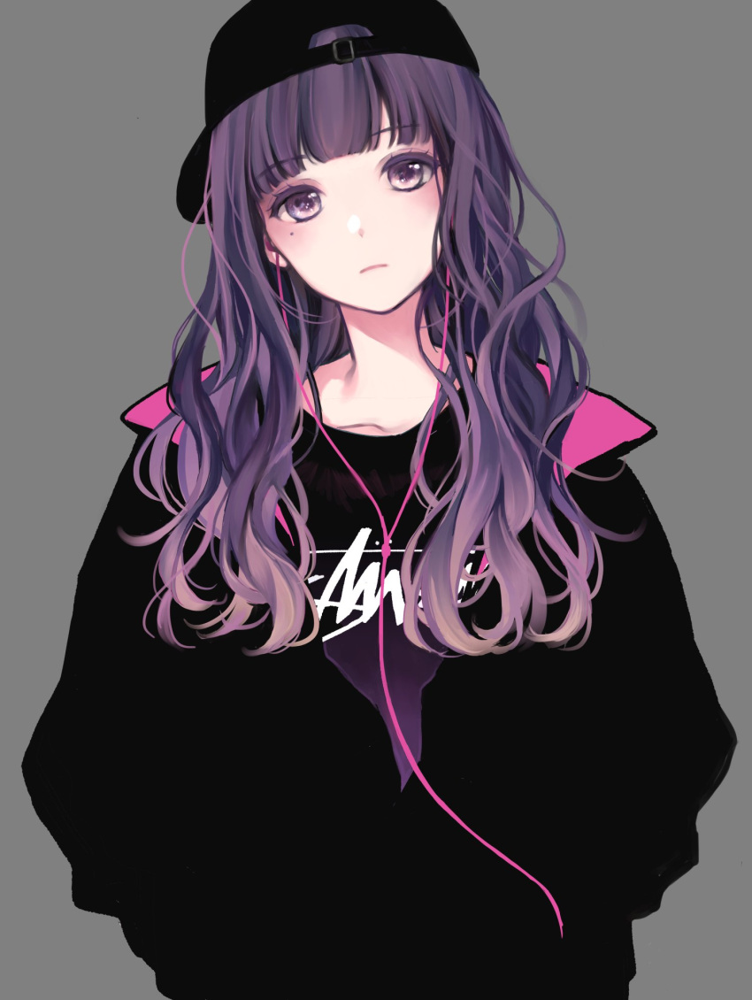 1girl, backwards_hat, baseball_cap, black_jacket, black_shirt, blunt_bangs, closed_mouth, colored_eyelashes