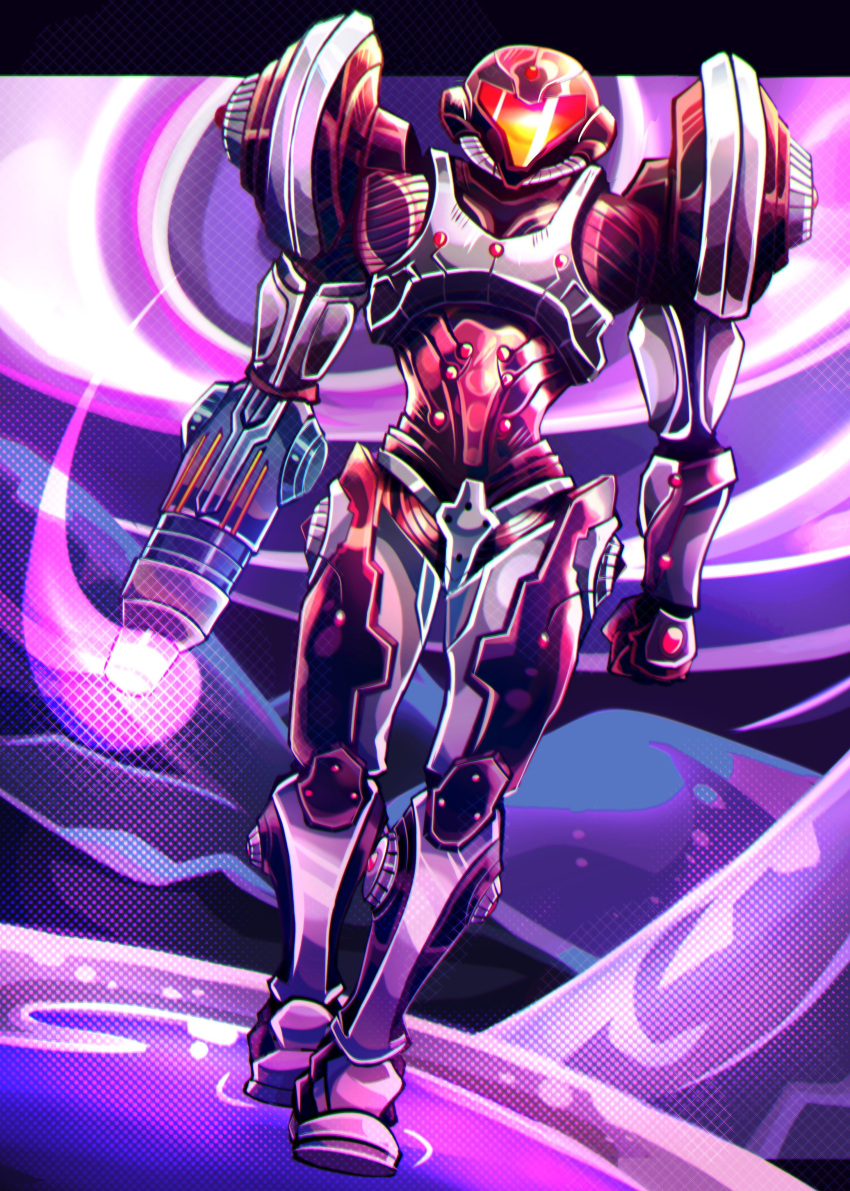 1girl, absurdres, arm_cannon, armor, assault_visor, clenched_hand, dark_suit_(metroid), dutch_angle
