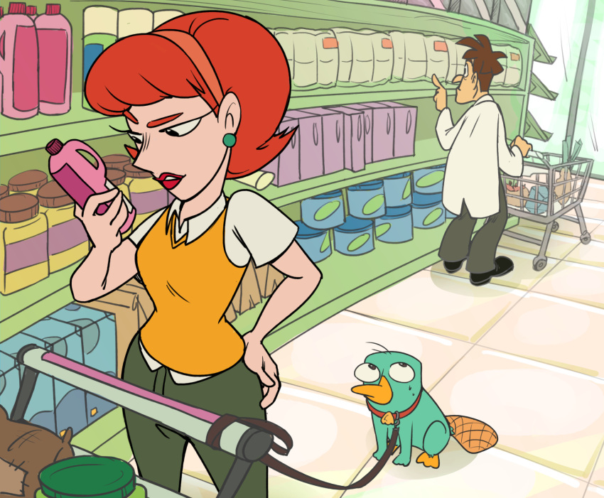 2boys, animal_collar, aqua_fur, artist_request, beaver_tail, bottle, brown_hair, brown_pants, coat, collar, collared_shirt, earrings, grey_pants, hand_on_own_hip, heinz_doofenshmirtz, highres, holding, holding_leash, jewelry, lab_coat, leash, linda_flynn-fletcher, medium_hair, missing_commentary, multiple_boys, orange_hair, pants, pearl_earrings, perry_the_platypus, phineas_and_ferb, platypus, red_lips, sharkbill, shirt, shopping_cart, short_hair, slice_of_life, sweat, tail, vest, white_coat, white_shirt, yellow_vest