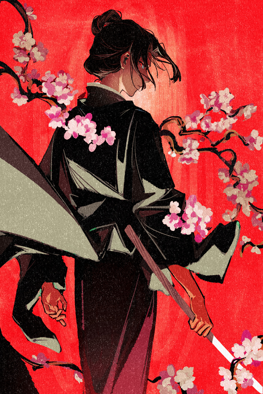 1girl, absurdres, bbfrog, black_hair, black_haori, branch, cherry_blossoms, chinese_commentary