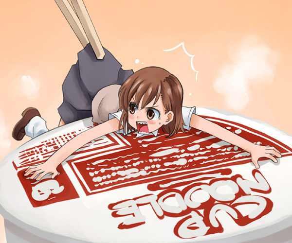 brown_eyes, brown_hair, chopsticks, cup_ramen, minigirl, misaka_mikoto, ramen, ryou_(pixiv22748)