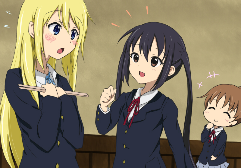 blonde_hair, blue_eyes, brown_eyes, brown_hair, chigusa, drumsticks, hirasawa_ui, k-on!