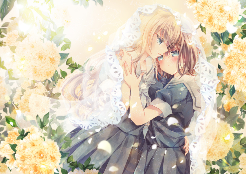 2girls, black_shirt, black_skirt, blonde_hair, blue_eyes, blush, brown_shoes, commentary_request