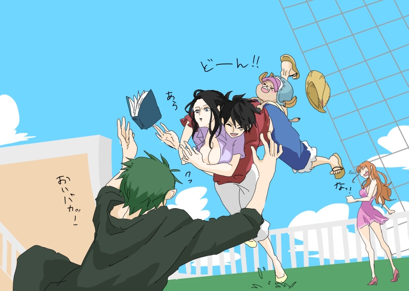 2girls, 3boys, ^_^, antlers, black_hair, blue_shorts, book, chikichiki_(robitema)