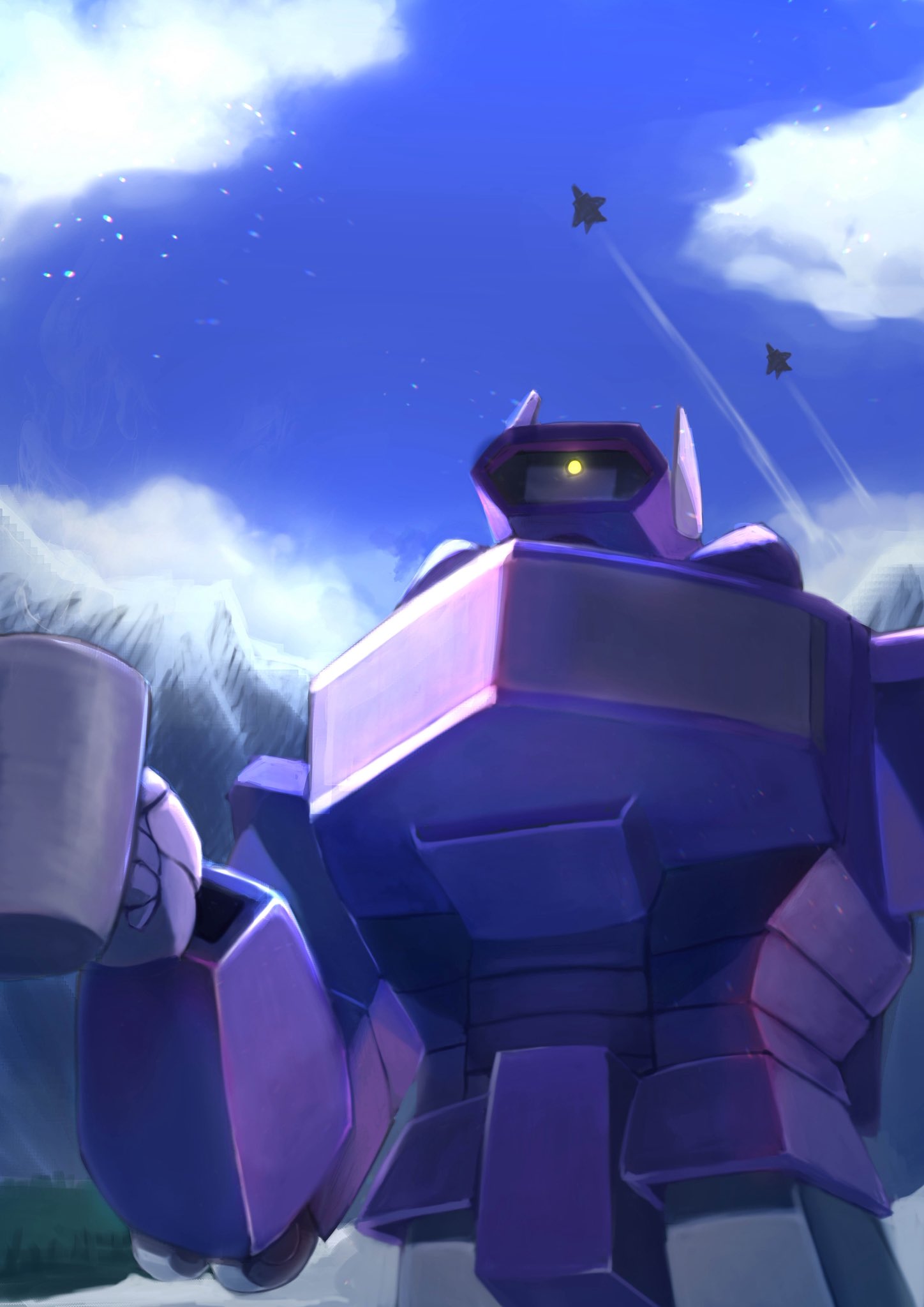 aircraft, airplane, blue_sky, clouds, commentary, cup, fighter_jet, glowing, glowing_eyes, highres, holding, holding_cup, humanoid_robot, mecha, mecha_focus, military_vehicle, mug, one-eyed, robot, science_fiction, shockwave_(transformers), sky, transformers, untranslatable_commentary, yellow_eyes, zus64ru90ridi6y