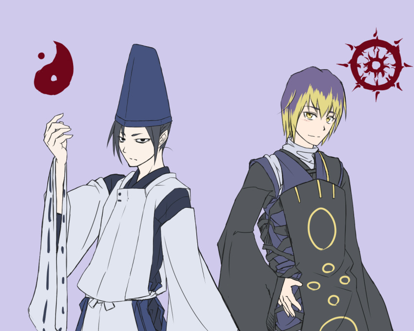 2boys, black_hair, gespenst_8492, gradient_hair, hat, hijiri_myouren, japanese_clothes, multicolored_hair