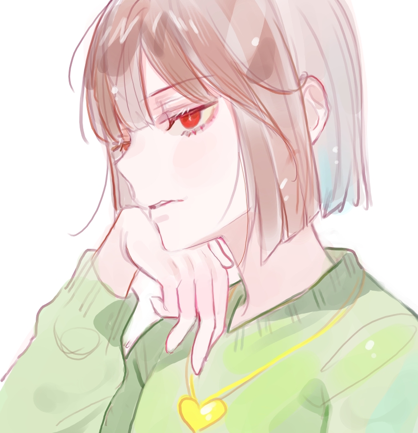 1other, androgynous, blunt_ends, bob_cut, brown_hair, chara_(undertale), commentary, empty_eyes