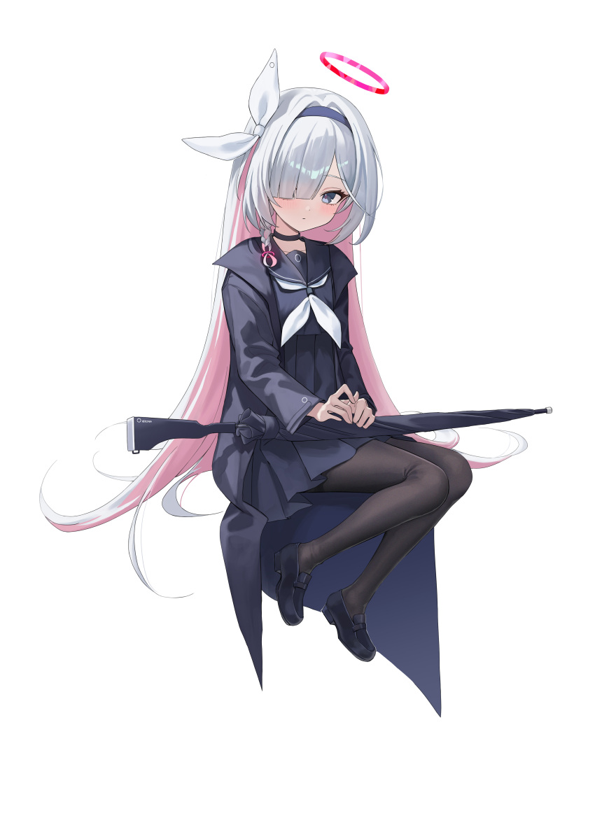 1girl, absurdres, black_choker, black_coat, black_hairband, black_pantyhose, black_sailor_collar, black_shirt, black_shoes, black_skirt, blue_archive, bow, choker, closed_mouth, coat, colored_inner_hair, commentary, daon_(93111_ys), full_body, grey_eyes, grey_hair, hair_bow, hair_over_one_eye, hairband, halo, high-waist_skirt, highres, holding, holding_umbrella, invisible_chair, loafers, long_bangs, long_hair, long_sleeves, looking_at_viewer, multicolored_hair, neckerchief, one_eye_covered, open_clothes, open_coat, pantyhose, parted_bangs, pink_hair, pink_halo, plana_(blue_archive), pleated_skirt, sailor_collar, shirt, shoes, simple_background, sitting, skirt, solo, umbrella, umbrella_gun, white_background, white_bow, white_neckerchief