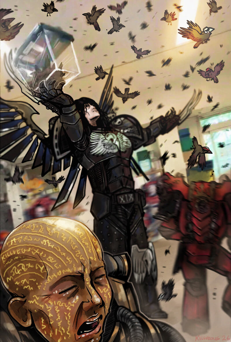 5boys, adeptus_astartes, armor, bald, bird, black_armor, black_hair, blood_angels