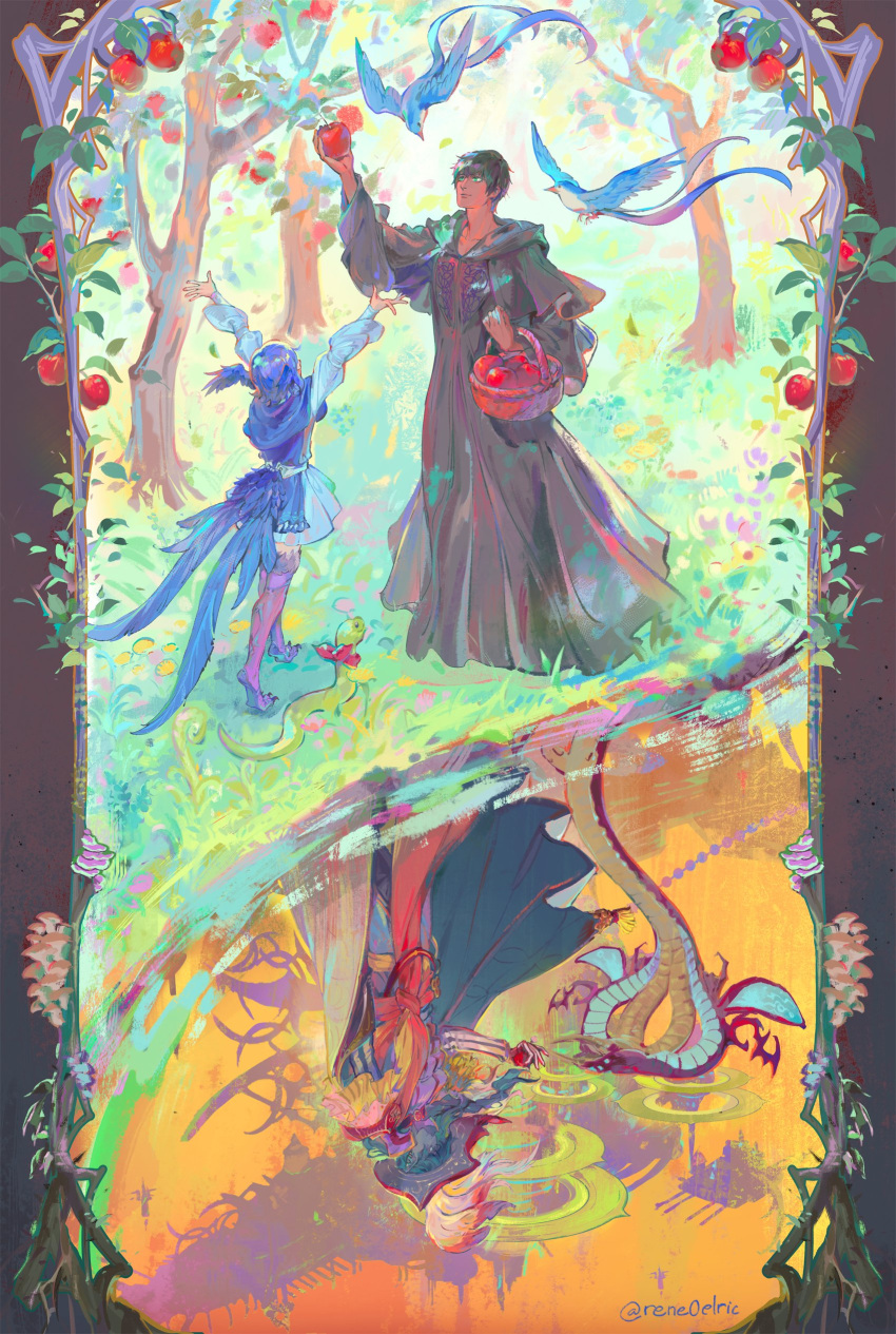 1girl, 2boys, absurdres, amon_(ff14), apple, artist_name, basket, bird