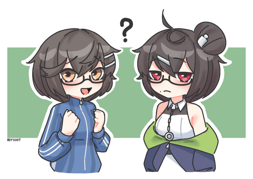 2girls, :c, ?, ahoge, artist_name, azur_lane, bare_shoulders, black-framed_eyewear