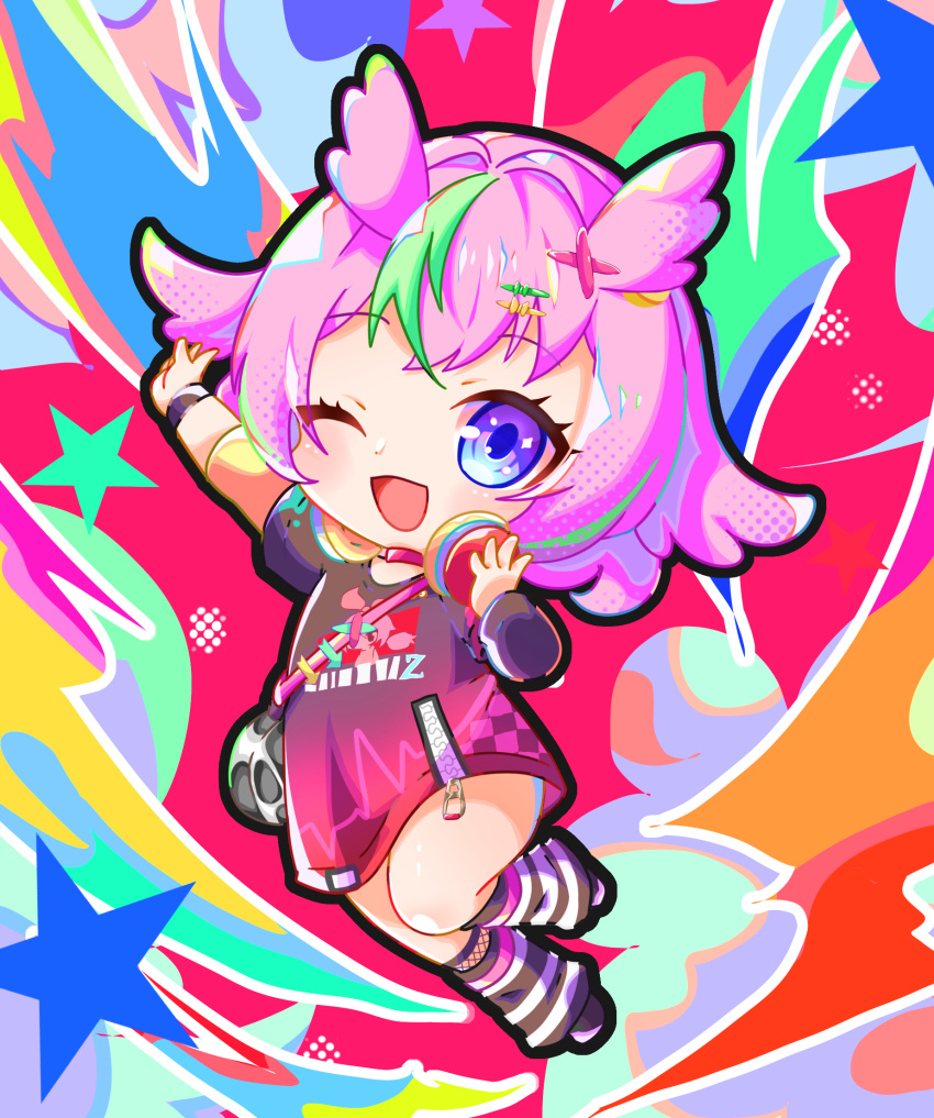 1girl, black_shirt, blue_eyes, chibi, commentary_request, feathers, green_streaks, haniel_(neverness_to_everness)