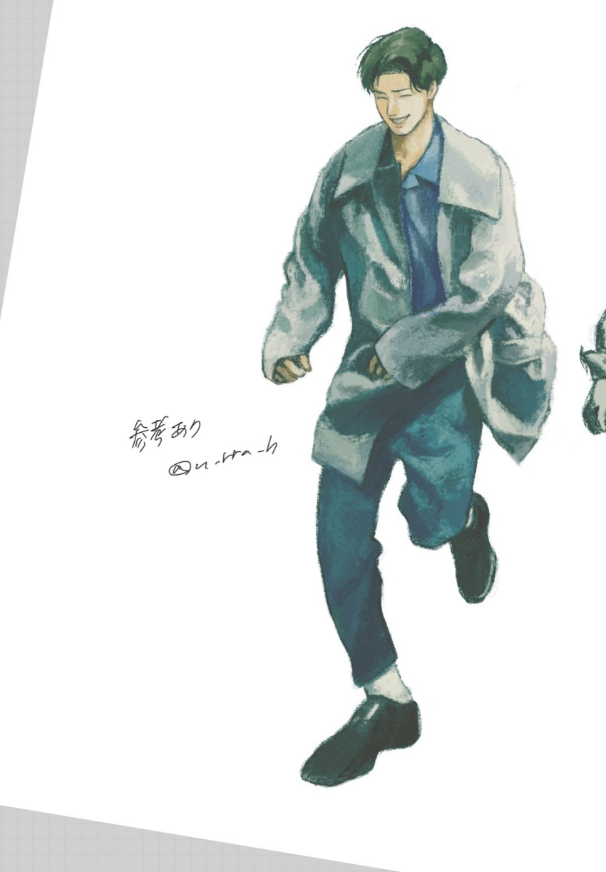 1boy, artist_name, black_hair, black_shoes, blue_pants, blue_shirt, closed_eyes, coat