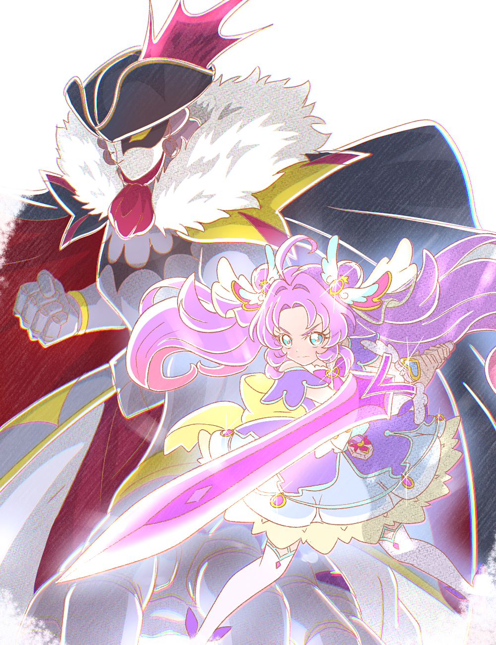 1boy, 1girl, akechi_anna, answer_hanamaru_sword, armor, cape, capelet, cure_answer, fingerless_gloves, gauntlets, gloves, highres, impossible_hair, mask, meitantei_precure!, pact_holder, pre-kit_mirror_loupe, precure, purple_capelet, twintails, usonoir, wonderful_tanaka