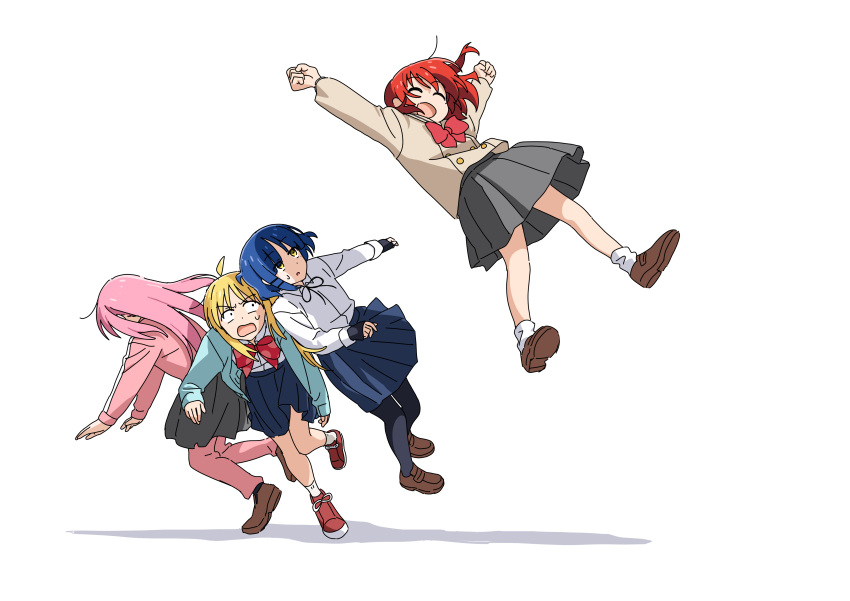 4girls, absurdres, ahoge, black_pantyhose, blue_hair, blue_jacket, blue_skirt, bocchi_the_rock!, brown_jacket, brown_shoes, commentary_request, gotoh_hitori, grey_skirt, heart, highres, ijichi_nijika, impending_doom, jacket, jumping, kita_ikuyo, kunikida_kunio, long_hair, multiple_girls, open_clothes, open_jacket, pants, pants_under_skirt, pantyhose, pink_hair, pink_jacket, pink_pants, pleated_skirt, red_shoes, shoes, short_hair, skirt, socks, standing, standing_on_one_leg, surprised, tackle, track_suit, white_socks, yamada_ryo
