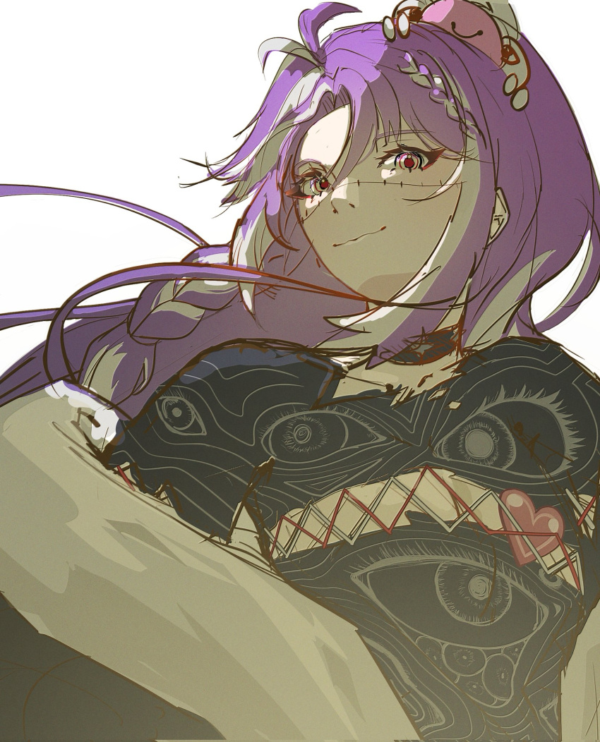 1girl, black_choker, black_shirt, braid, choker, cleavage_cutout, clothing_cutout, creature_on_head, eye_print, heart, highres, indie_virtual_youtuber, jacket, jared_(michi_mochievee), looking_at_viewer, lynniaa, michi_mochievee, multicolored_hair, patchwork_skin, purple_hair, red_pupils, ringed_eyes, shirt, stitched_face, stitches, streaked_hair, torn_clothes, torn_shirt, virtual_youtuber, white_background, white_hair