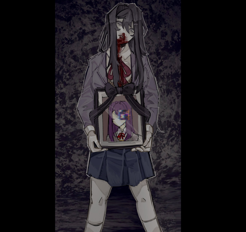 1girl, black_hair, blazer, blood, blood_on_face, commentary, doki_doki_literature_club, doki_doki_literature_club_school_uniform