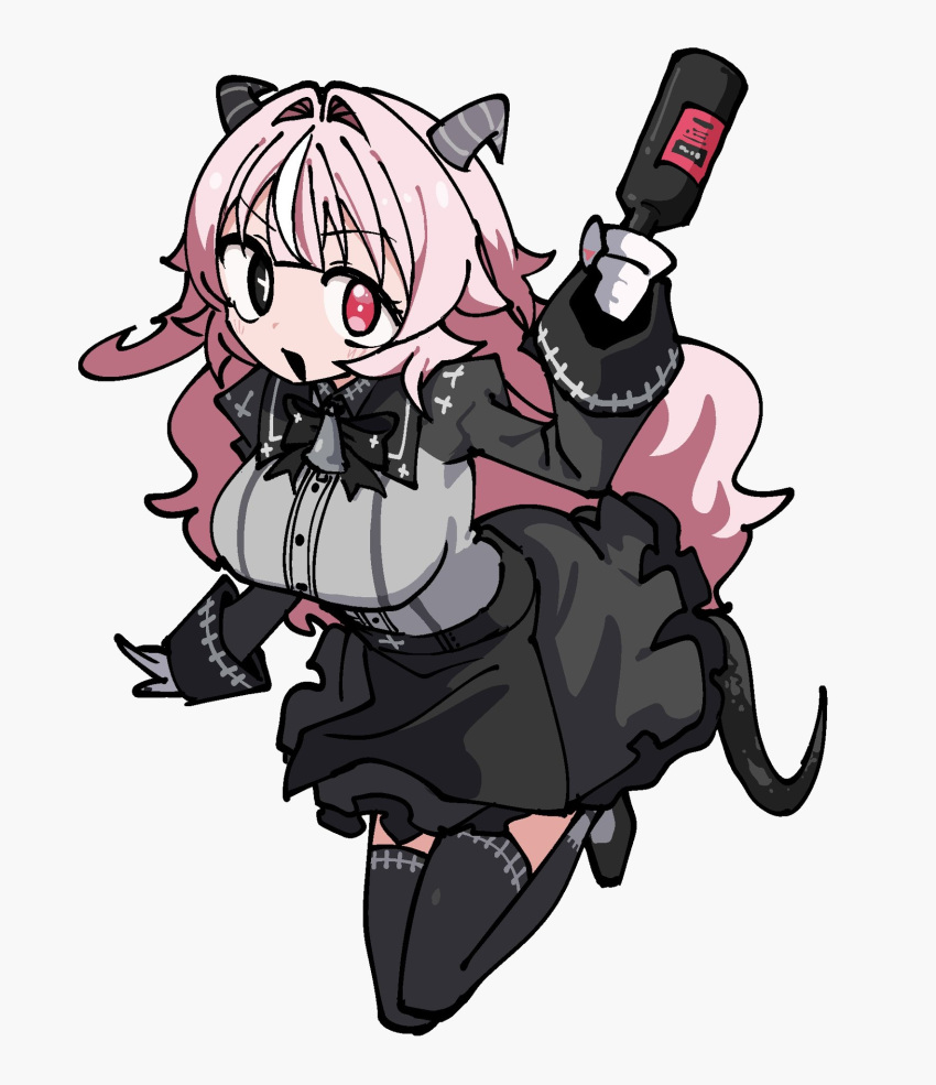 1girl, animal_ears, apron, asymmetrical_horns, black_apron, black_eyes, black_horns, black_skirt