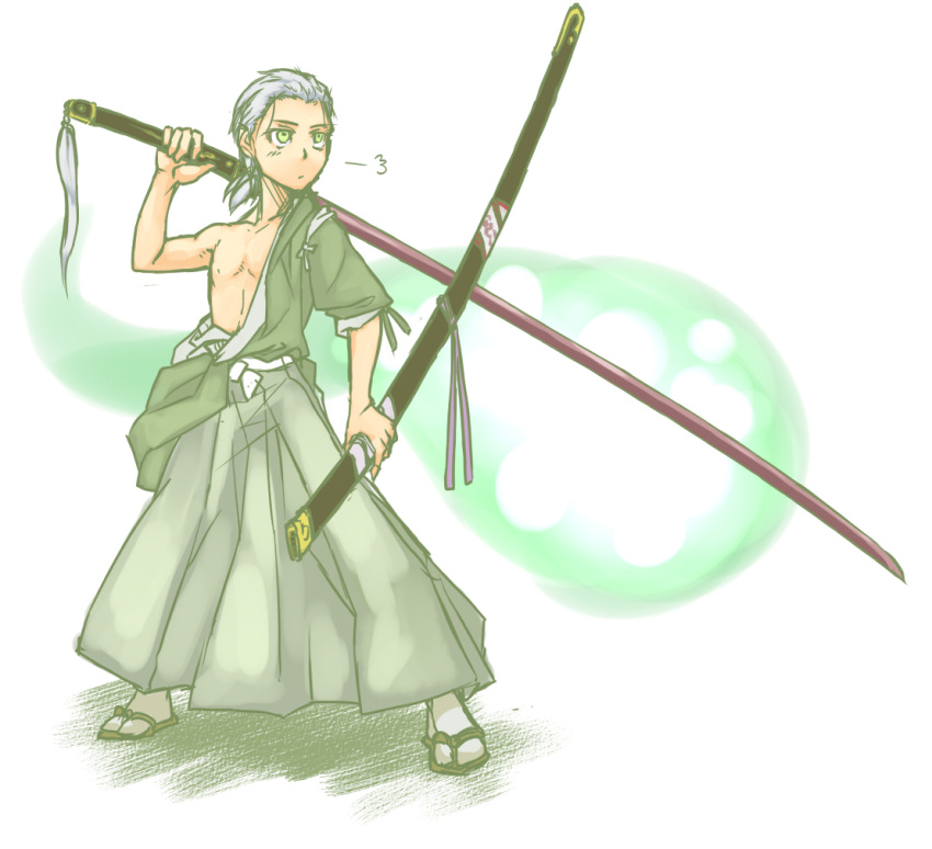 gespenst_8492, grey_hair, japanese_clothes, konpaku_youki, male, muraji_(gespenst), nodachi, off_shoulder, scabbard, sheath, sheathed, solo, sword, touhou, weapon, young