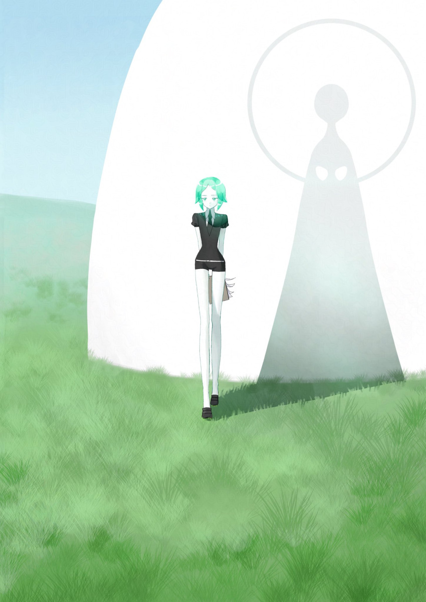 1other, androgynous, aqua_eyes, aqua_hair, arms_behind_back, black_necktie, black_shirt, black_shorts, blue_sky, clipboard, collared_shirt, commentary_request, crystal_hair, day, different_shadow, gem_uniform_(houseki_no_kuni), glowing, glowing_hair, grass, highres, holding, holding_clipboard, houseki_no_kuni, necktie, other_focus, outdoors, phosphophyllite, phosphophyllite_(10000), poster_parody, refraction, shiitake_(siiiitk), shirt, short_hair, short_shorts, short_sleeves, shorts, sky, solo, spoilers, standing, star_wars, star_wars:_the_phantom_menace, white_shirt