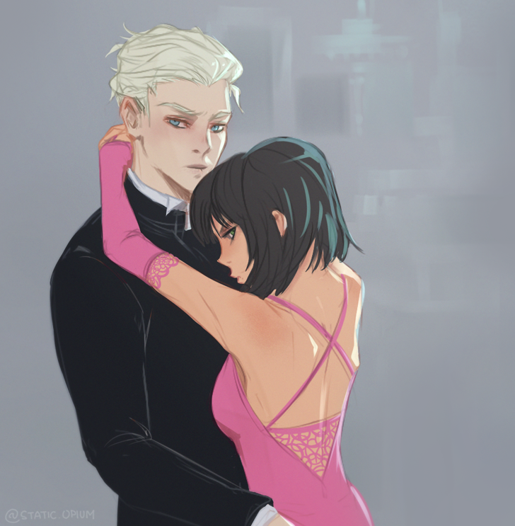 1boy, 1girl, armpits, arms_around_another's_waist, arms_around_neck, artist_name, back, backless_dress