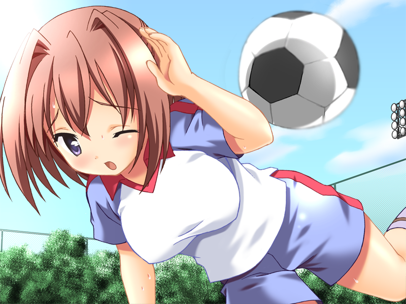 1girl, 2000s_(style), arm_up, ball, blush, breasts, brown_hair, game_asset