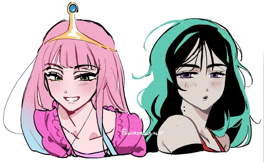 2girls, adventure_time, alien_stage, black_hair, blue_hair, commentary, cosplay, dress