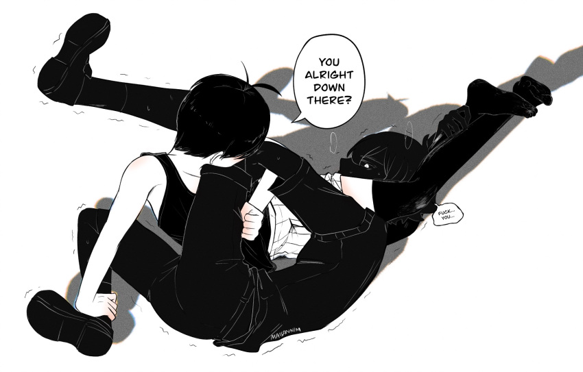 2boys, antenna_hair, black_hair, black_shirt, black_shorts, black_skin, black_socks, black_sweater_vest