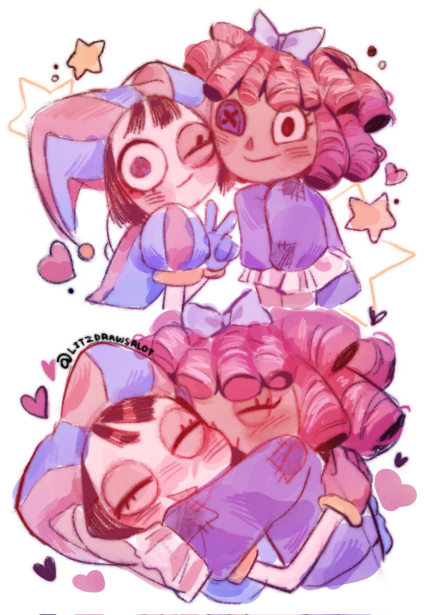2girls, black_eyes, black_hair, blue_bow, blue_eyes, bow, button_eyes, buttons, colored_skin, commentary, english_commentary, hair_bow, heart, highres, kiss, kissing_cheek, litzdrawsalot, multicolored_eyes, multiple_girls, pomni_(the_amazing_digital_circus), ragatha_(the_amazing_digital_circus), red_eyes, red_hair, star_(symbol), the_amazing_digital_circus, two-tone_eyes, v, white_skin, yuri