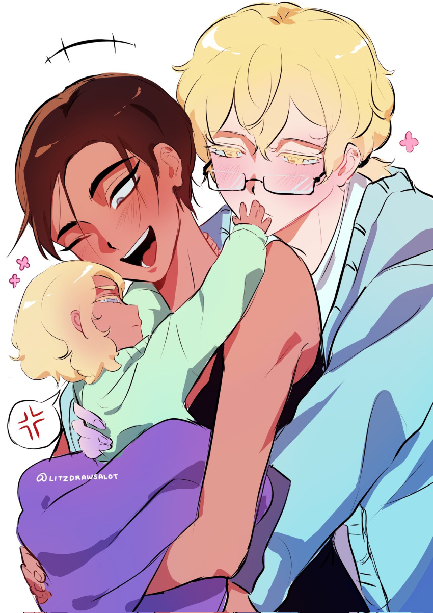 +++, alien_stage, alternate_hair_length_(longer), alternate_hair_length_(shorter), anger_vein, black_dress, blanket, blonde_hair, brown_hair, cardigan, carrying, carrying_person, child, colored_eyelashes, commentary, dark-skinned_female, dark_skin, dress, english_commentary, family, glasses, grey_cardigan, grey_eyes, highres, hyuna_(alien_stage), litzdrawsalot, low_ponytail, luka_(alien_stage), one_eye_closed, ponytail, rectangular_eyewear, shirt, signature, spoken_anger_vein, thick_eyebrows, white_shirt