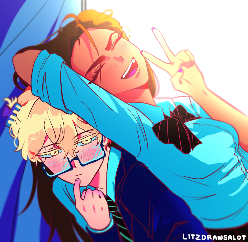 1boy, 1girl, alien_stage, black_bow, black_bowtie, blazer, blonde_hair, blue_jacket