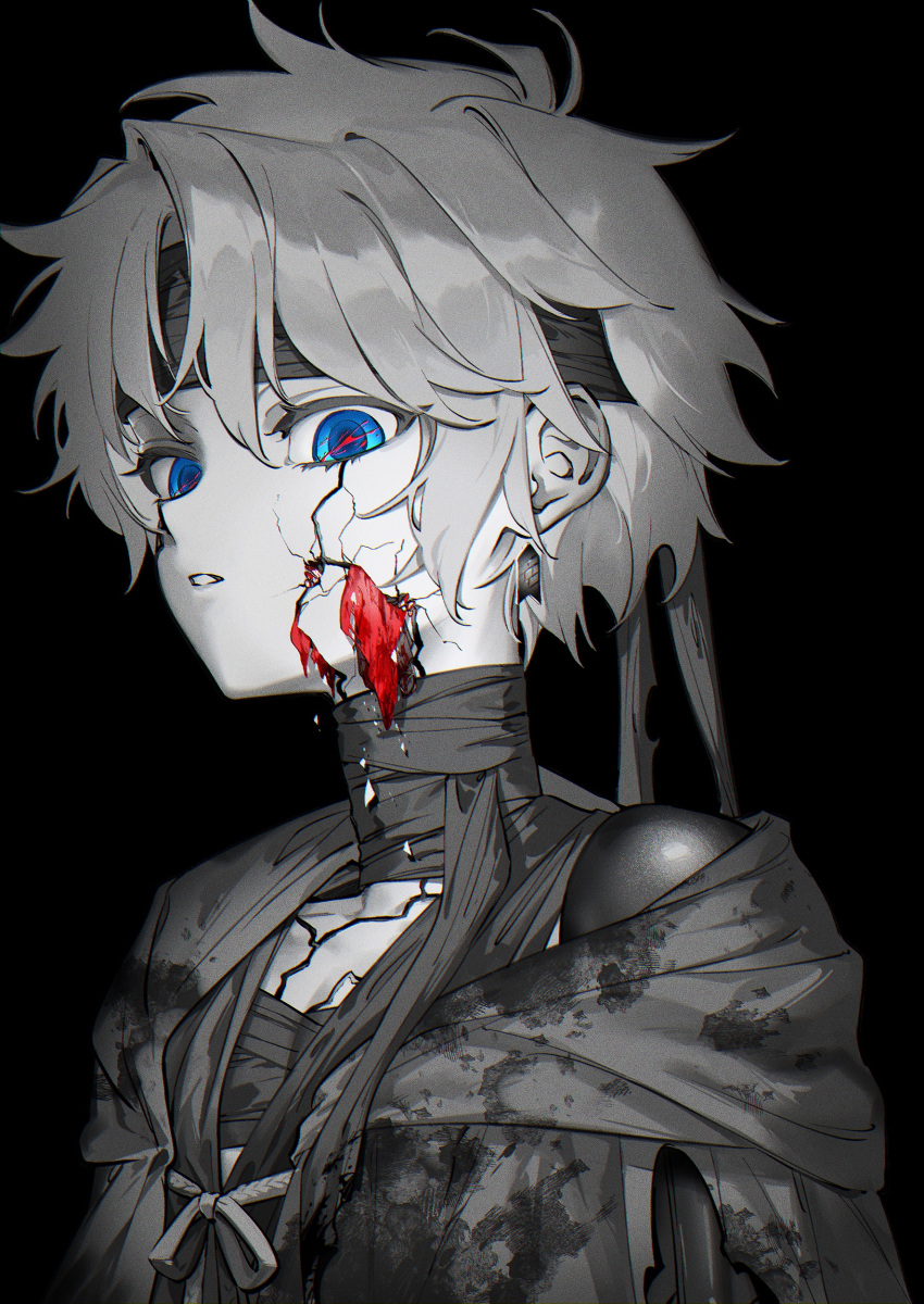 1boy, absurdres, bandaged_neck, bandages, black_background, bleeding, blood, blood_on_face