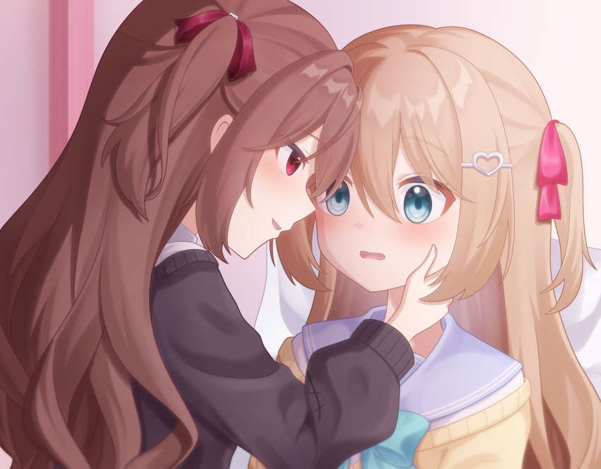 2girls, absurdres, aqua_bow, aqua_bowtie, black_cardigan, blue_eyes, blue_sailor_collar, bow, bowtie, brown_hair, cardigan, commentary, commission, english_commentary, evil_neuro-sama, evil_neuro-sama_(1st_costume), from_side, hair_between_eyes, hair_ornament, hair_ribbon, heart, heart_hair_ornament, highres, kisaragi_yyyui, long_hair, long_sleeves, multiple_girls, neuro-sama, neuro-sama_(1st_costume), parted_lips, profile, red_eyes, red_ribbon, ribbon, sailor_collar, shirt, siblings, sisters, third-party_source, twins, two_side_up, upper_body, vedal_ai, virtual_youtuber, white_shirt, yellow_cardigan