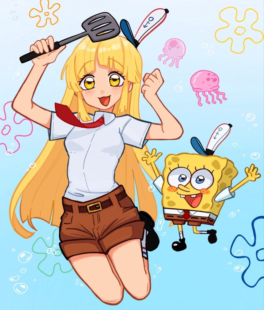 1boy, 1girl, belt, black_shoes, blonde_hair, blush_stickers, breasts, brown_belt