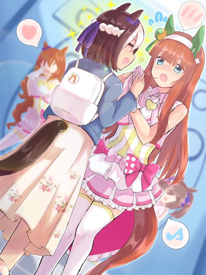 3girls, 4girls, animal_ears, bag, blue_eyes, blue_jacket, blunt_bangs, blush