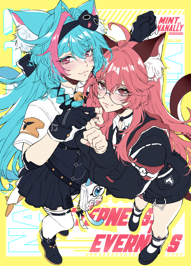 2girls, animal_ear_fluff, animal_ears, aqua_hair, black_dress, black_gloves, black_jacket, cat_ears
